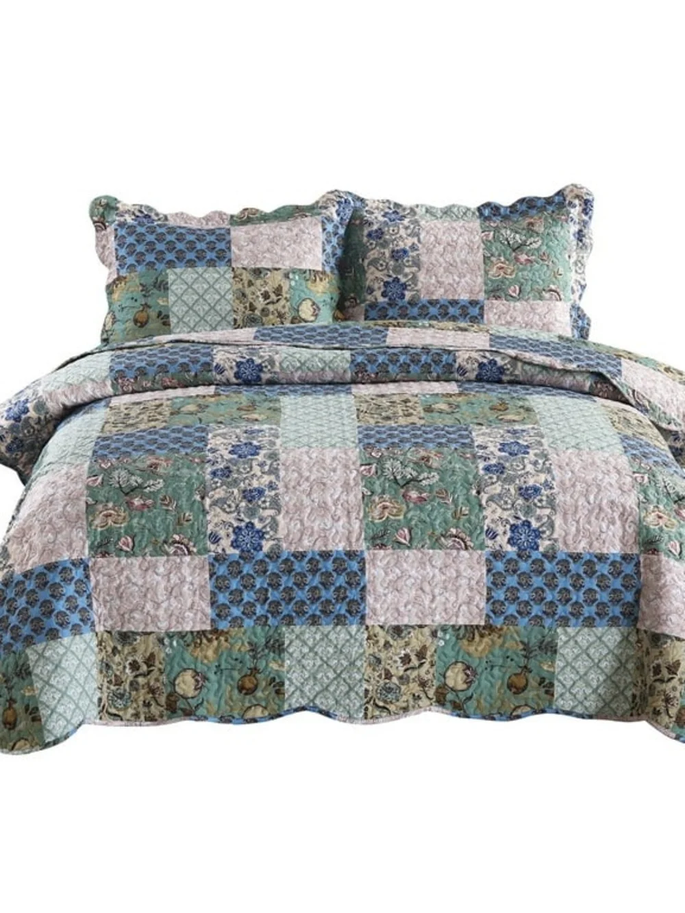 Patchwork Floral Queen 3 piece Quilt Set - Green & Blue